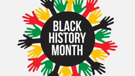 Black Circle with text "Black History Month" surrounded by hands
