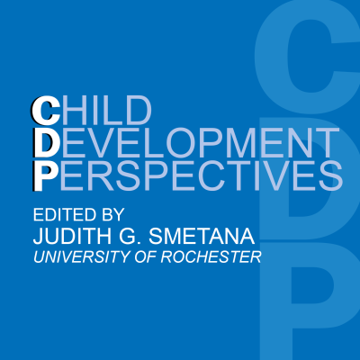 Square image with the Child Development Perspectives Journal cover on a blue background. Editor-in-Chief of Child Development Perspectives journal is Judith G. Smetana from University of Rochester