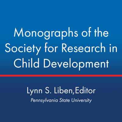 Square image with the Monographs Journal cover on an ombre blue background. Editor-in-Chief of Monographs is Lynn S. Liben from Pennsylvania State University