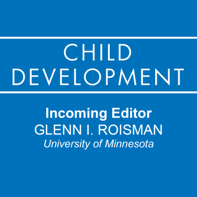 Square image with the Child Development Journal logo on a blue background. Incoming Editor of Child Development journal is Glenn I. Roisman from University of Minnesota