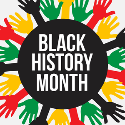 Black Circle with text "Black History Month" surrounded by hands