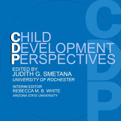 Square image with the Child Development Perspectives Journal cover on a blue background. Editor-in-Chief of Child Development Perspectives journal is Judith G. Smetana from University of Rochester and Interim Editor is Rebecca M. B. White from Arizona State University