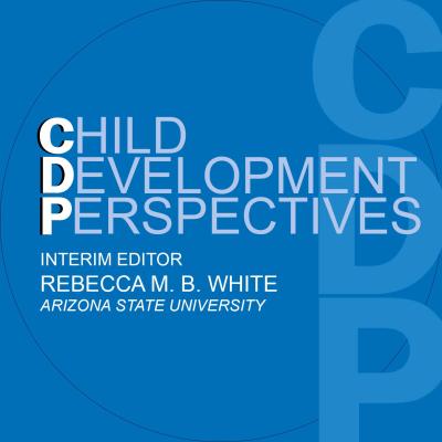 Square image with the Child Development Perspectives Journal cover on a blue background. Interim Editor is Rebecca M. B. White from Arizona State University