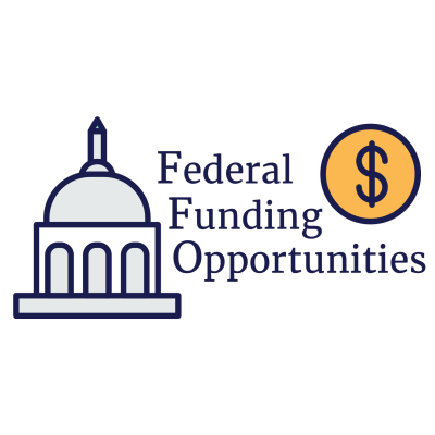 Federal Funding Opportunities logo, a graphic of a government building with a United States coin