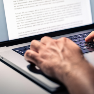 Stock photo of a person typing a letter on a laptop