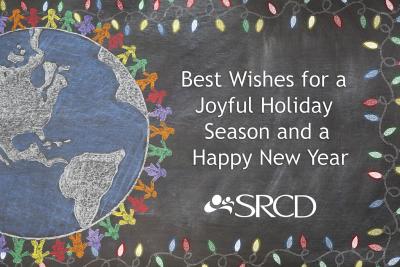 Chalk drawing of globe surrounded by figures holding hands bordered with lights and text:Best Wishes for a Joyful Holiday Season and a Happy New Year, SRCD
