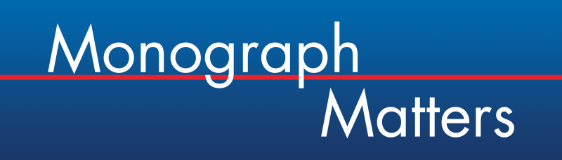 The Monograph Matters logo: An ombre blue background overlayed with white text that says Monograph Matters. The words Monograph and Matters are on two seperate lines and separated by a bright red line.