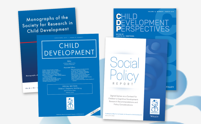 SRCD Journal covers, Child Development Journal, Child Development Perspectives, Monographs of the Society for Research in Child Development, and Social Policy Report