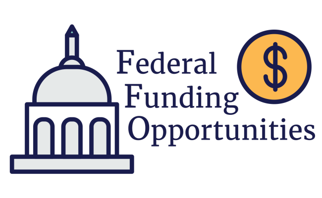 Federal Funding Opportunities logo, a graphic of a government building with a United States coin