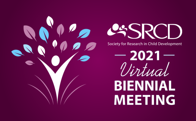 SRCD 2021 Virtual Biennial Meeting over a dark purple background