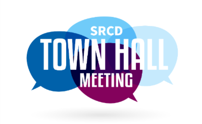 Talk bubbles with text that says "SRCD Town Hall Meeting"